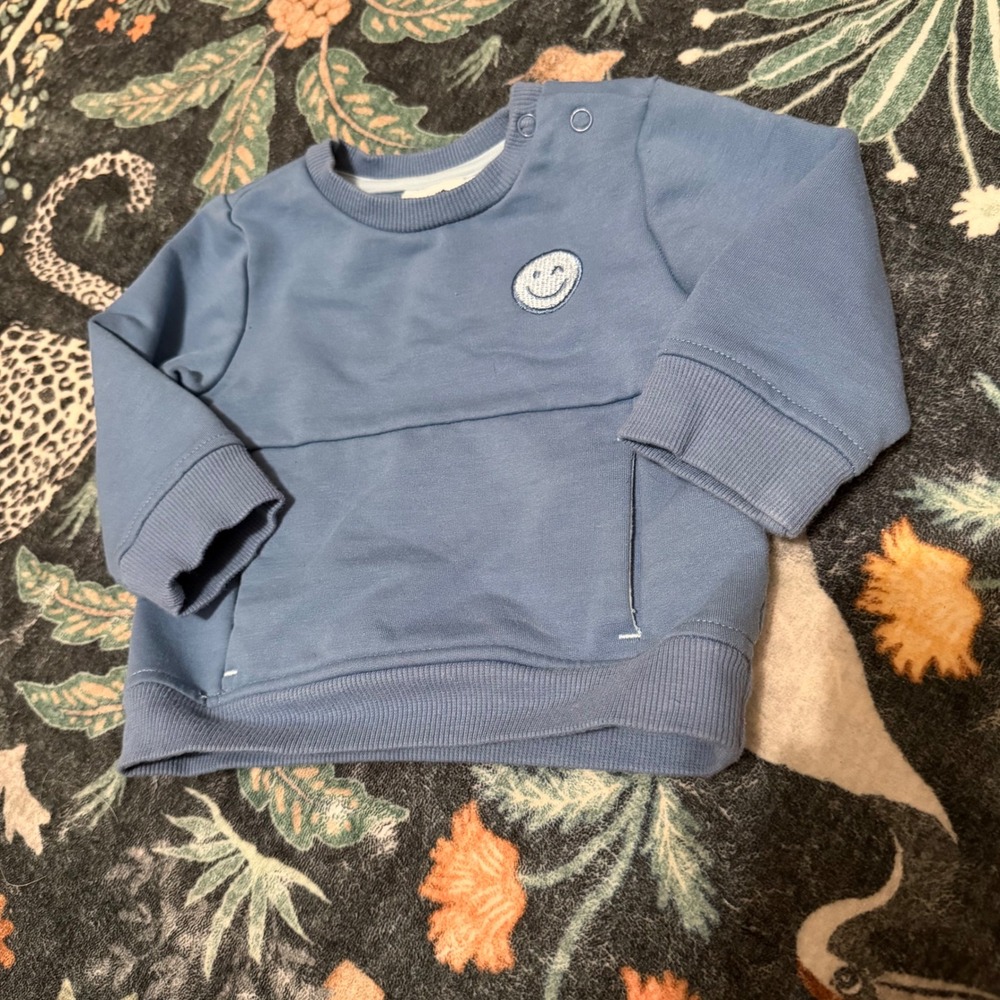 Tommy Bahama Kids Blue Smiley Face Sweatshirt Shoulder Snaps 0-3M thick crewneck